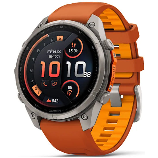 Garmin Fenix 9 Pro 47mm inReach LTE AMOLED Sapphire, Titanium with Autumn Orange/Spark Orange Silicone Band Front Side
