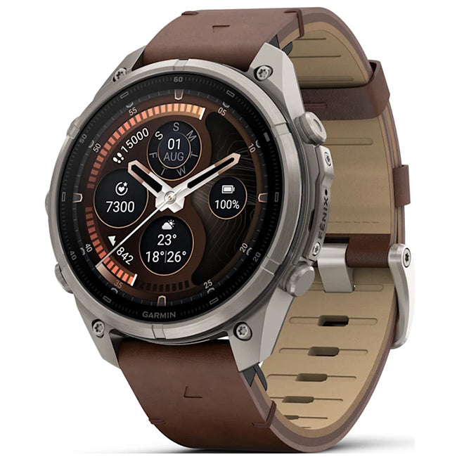 Garmin Fenix 9 Pro 47mm inReach LTE AMOLED Sapphire, Titanium with Walnut Leather Band Front Side