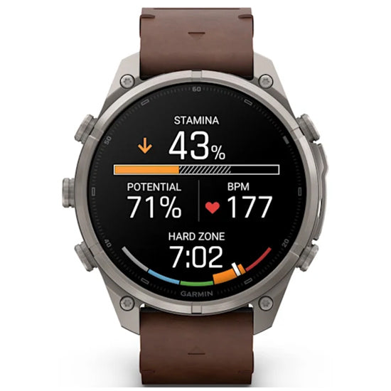 Garmin Fenix 9 Pro 47mm inReach LTE AMOLED Sapphire, Titanium with Walnut Leather Band Front