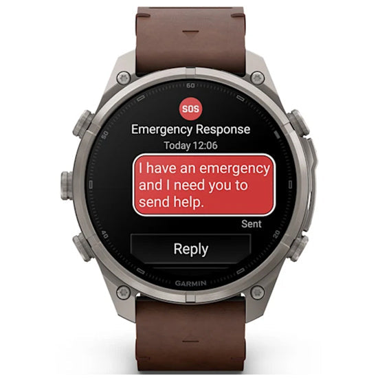 Garmin Fenix 9 Pro 47mm inReach LTE AMOLED Sapphire, Titanium with Walnut Leather Band Front