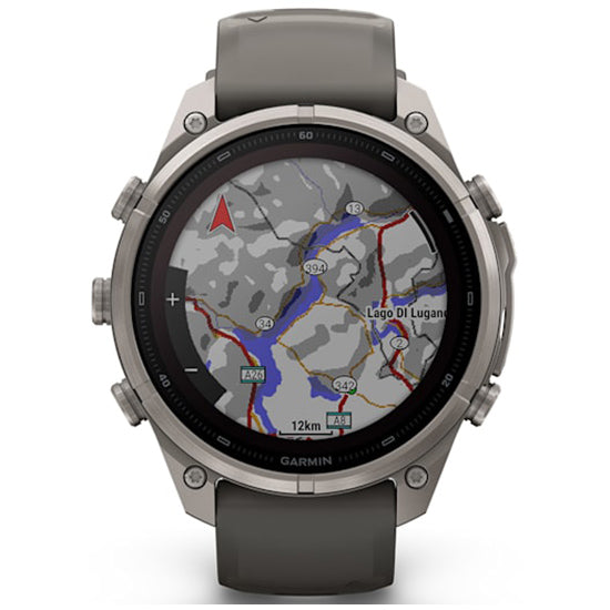 Garmin Fenix 9 Pro 47mm inReach LTE Solar Sapphire, Titanium with Pebble Grey Silicone Band Front