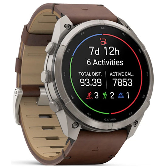 Garmin Fenix 9 Pro 51mm inReach LTE AMOLED Sapphire, Titanium with Walnut Leather Band Front Side