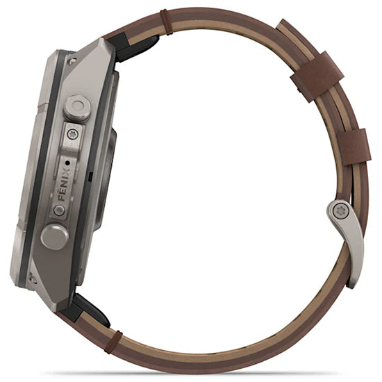 Garmin Fenix 9 Pro 51mm inReach LTE AMOLED Sapphire, Titanium with Walnut Leather Band Side