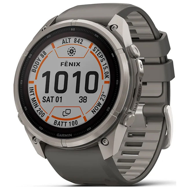 Garmin Fenix 9 Pro 51mm inReach LTE Solar Sapphire, Titanium with Pebble Grey Silicone Band Front Side