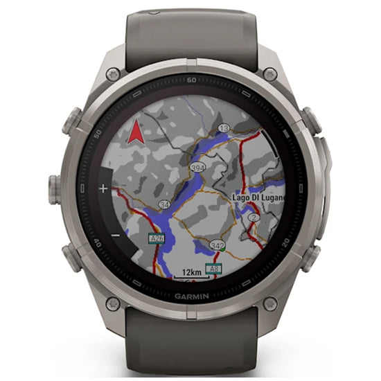 Garmin Fenix 9 Pro 51mm inReach LTE Solar Sapphire, Titanium with Pebble Grey Silicone Band Side