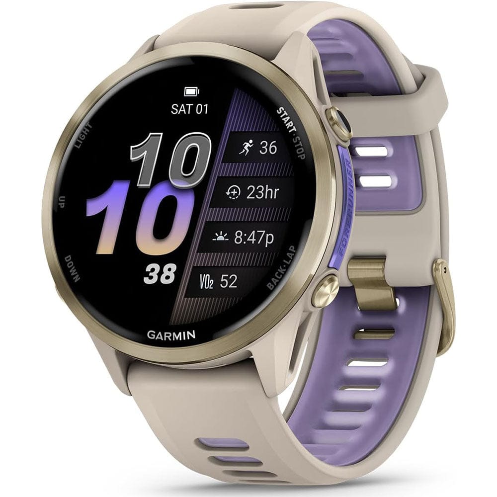 Garmin Smart Watch Soft Gold Titanium with French Gray Case and French Grey/Translucent Indigo Band Garmin Forerunner 970 GPS Running Smartwatch