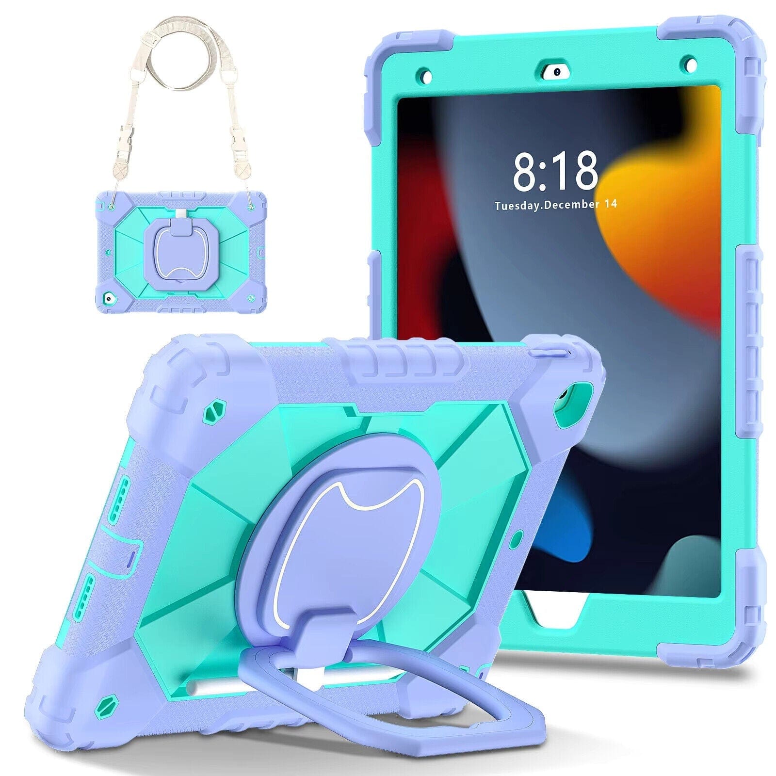 Techieexpert Generic Accessories For iPad 9th Gen 10.2" Case Kids Heavy Duty Shockproof Cover - Purple - Mint Green